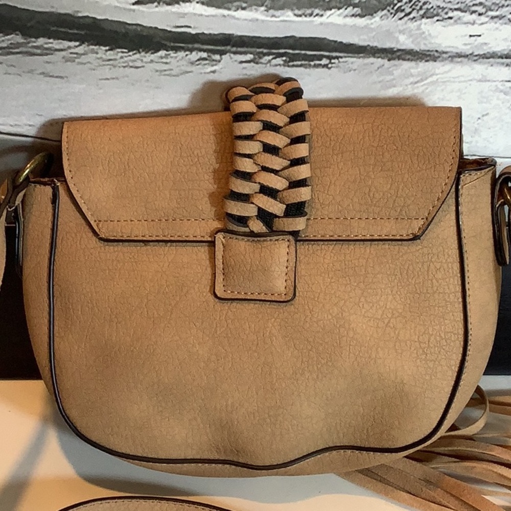 T-Shirt & Jeans Vegan Tan Braided Tassel Adjustable Strap Crossbody Bag - Picture 4 of 10